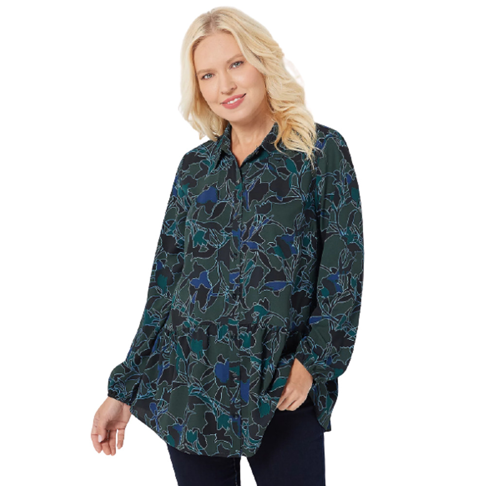 LOGO Lori Goldstein X-Small Stretch Woven Button Front Blouse Green Stencil XS